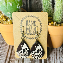 Load image into Gallery viewer, Brown and White Faux Cowhide Teardrop Earrings