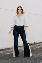 Load image into Gallery viewer, DARK WASH FLARE JEANS WITH LACE INSERT
