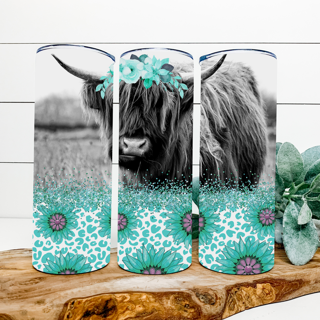 Turquoise Blossom Highland Cow